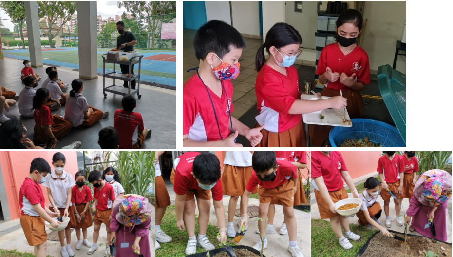 Students in red uniforms and masks participate in outdoor and indoor gardening activities supervised by adults.